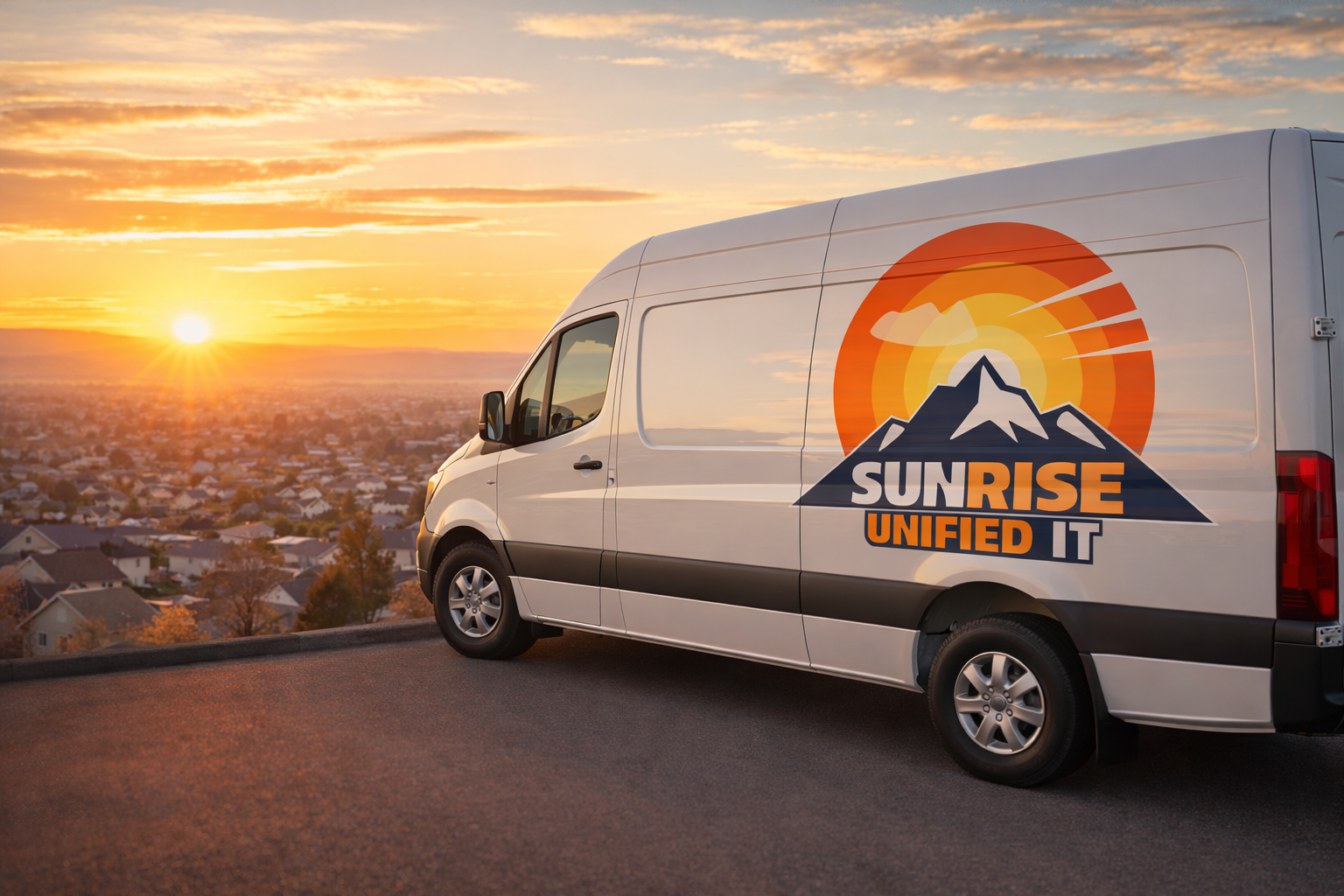 Sunrise Unified IT branded service van overlooking the Niagara Region at sunrise